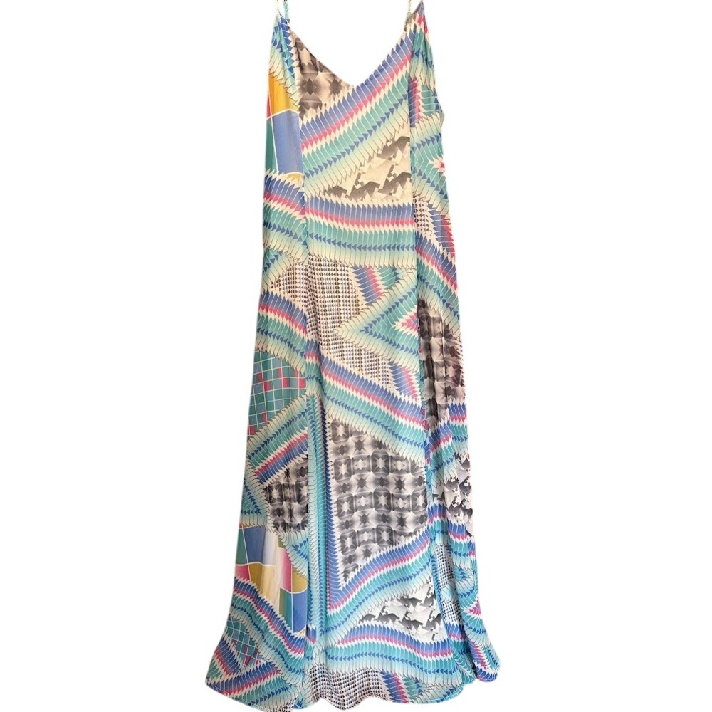 BCBGMAXAZRIA Geometric Print Maxi Dress Blue Pink Abstract Spaghetti Strap Sz S‎